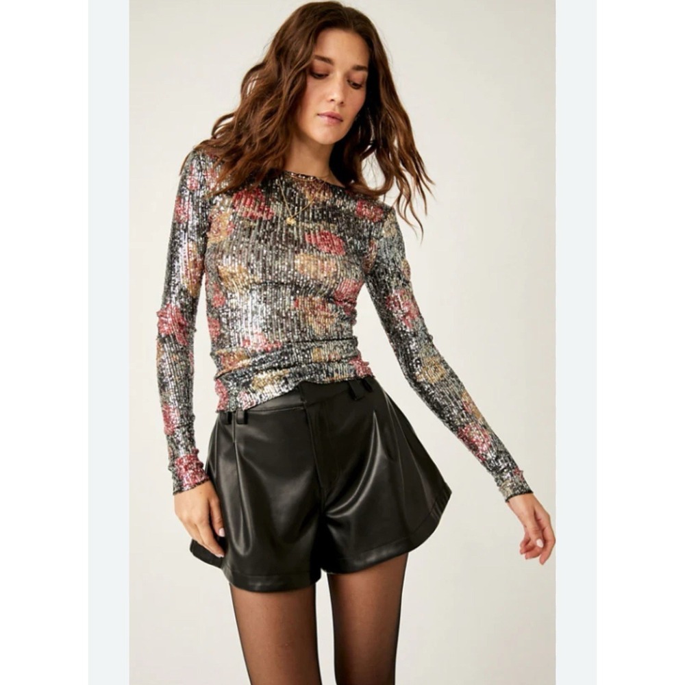 Free People Gold Rush Long Sleeve‎ Sequin Floral Top NWT Large Silver Party